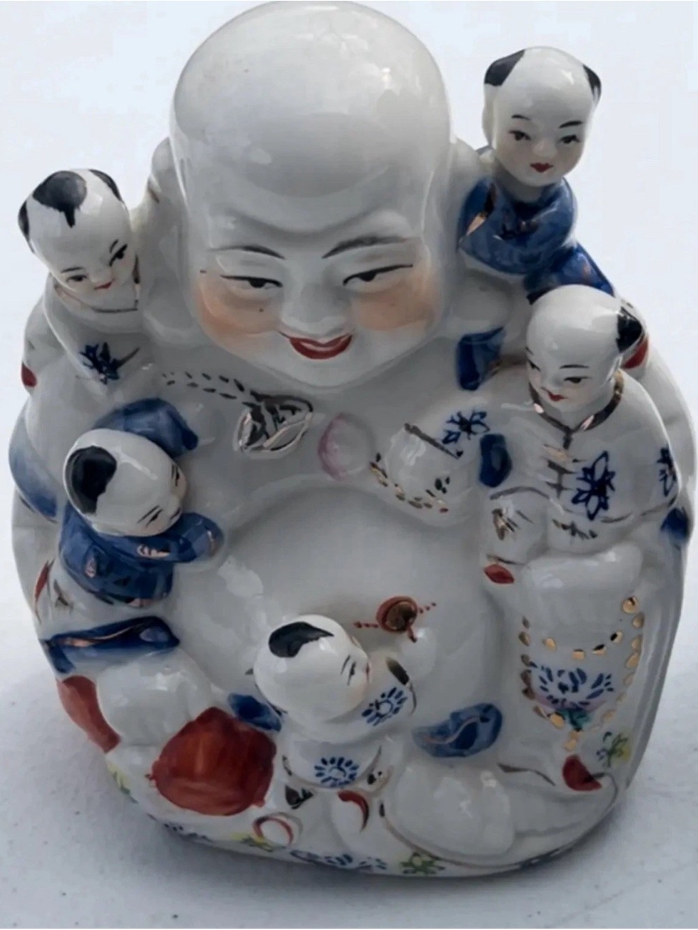 White and Blue Ceramic Buddha with Children Figurine - Decorative Home Art